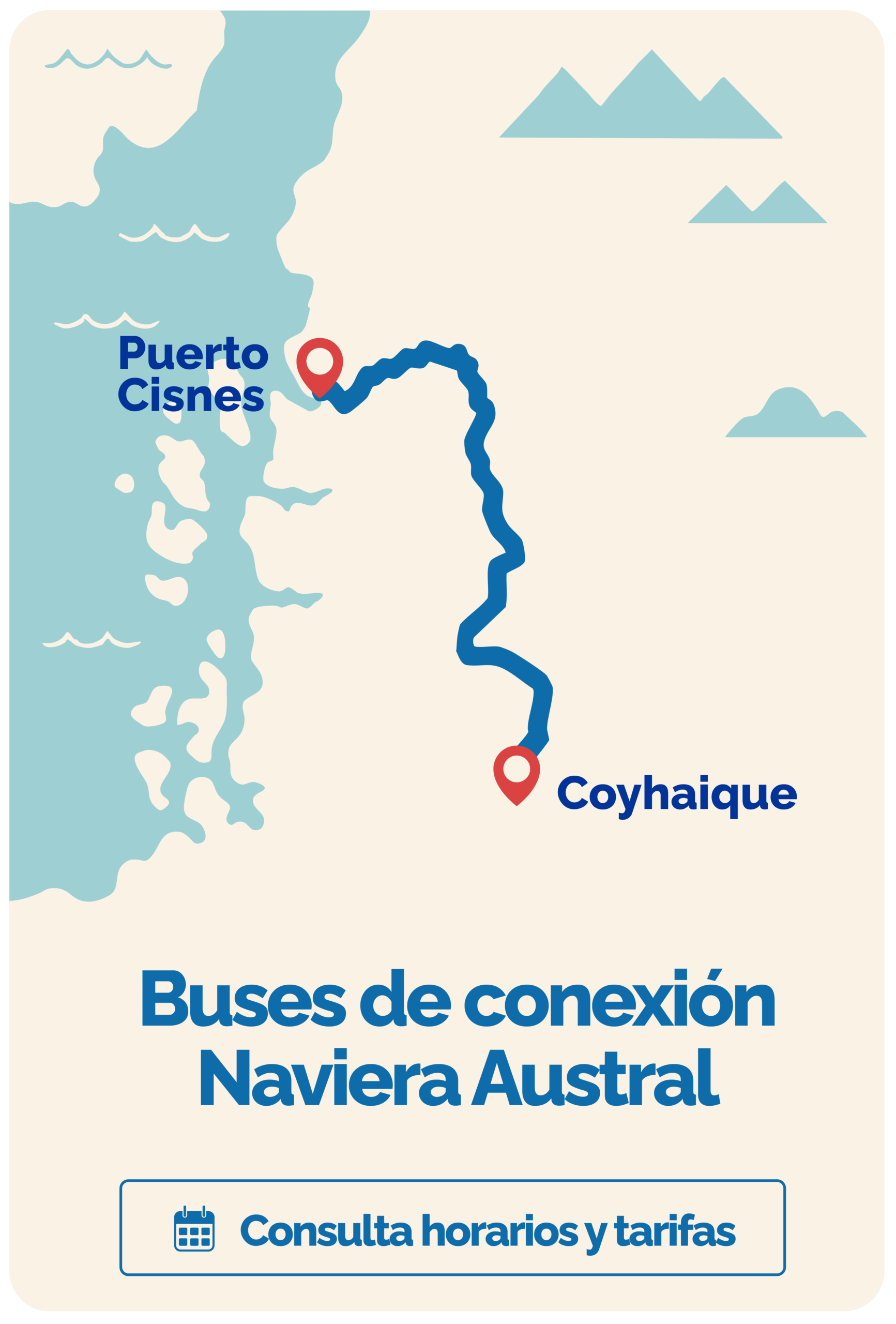 Mapa Coyhaique – Puerto Cisnes, buses de conexión Naviera Austral